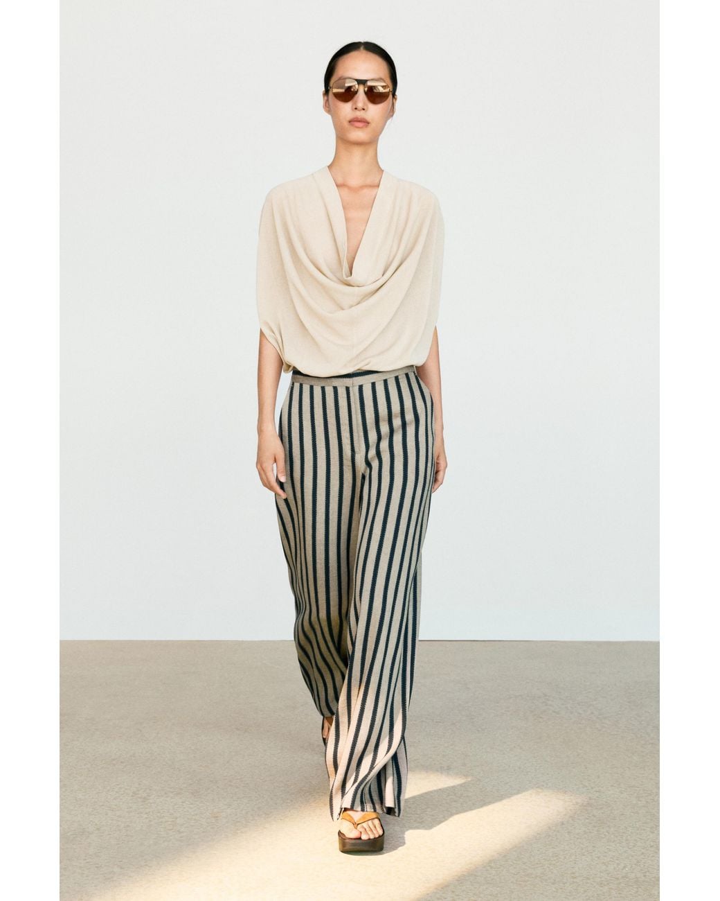 MASSIMO DUTTI Natural Striped Wide-Leg Linen Blend Pants