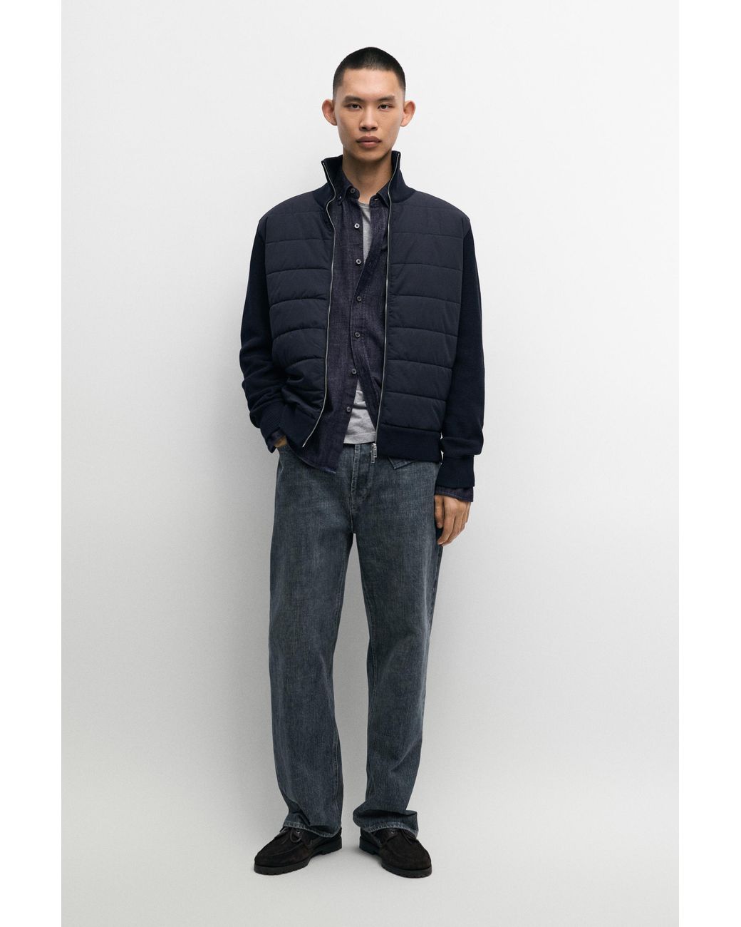 MASSIMO DUTTI Blue Mixed Fabric High Neck Cardigan for men