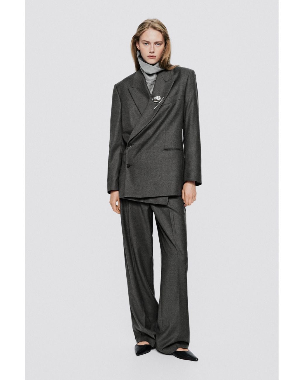 MASSIMO DUTTI Gray Oversize Double-Breasted Suit Blazer