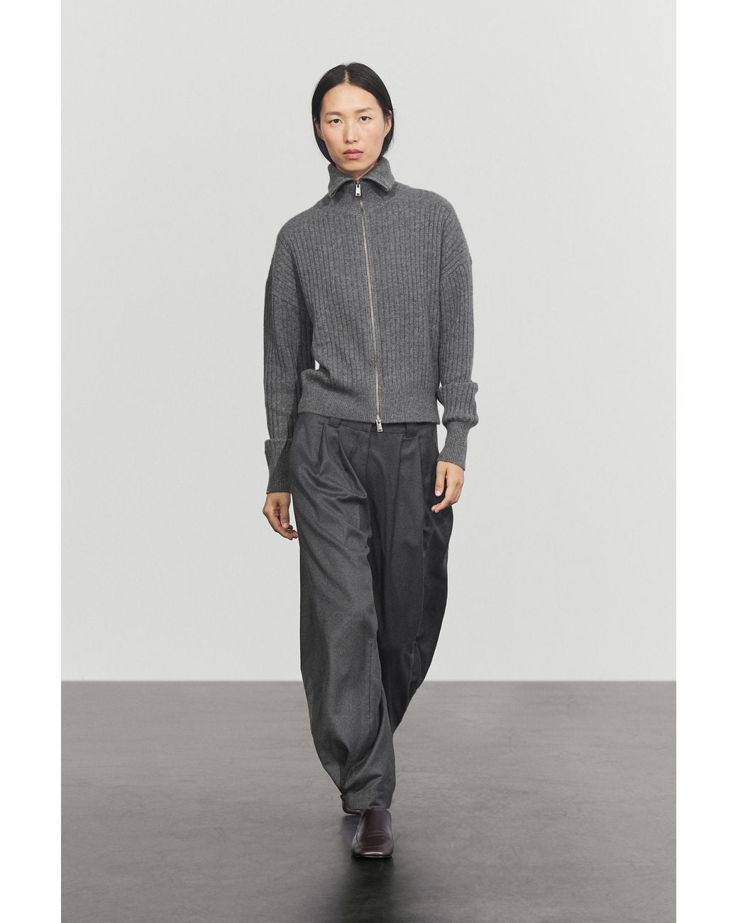 MASSIMO DUTTI Gray 100% Cashmere Ribbed Knit Cardigan