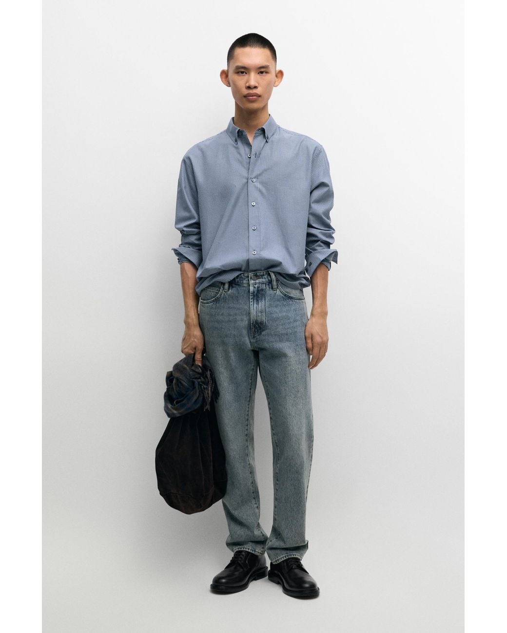 MASSIMO DUTTI Blue Regular Fit Microcheck Shirt for men