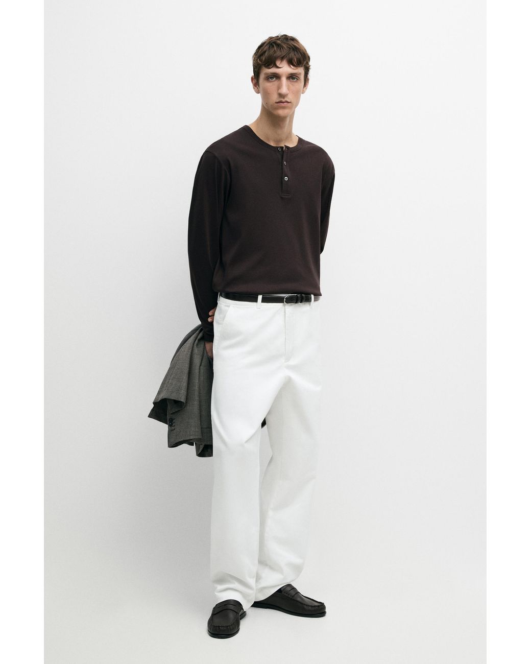 MASSIMO DUTTI Black 100% Cotton Long Sleeve Henley T-Shirt for men