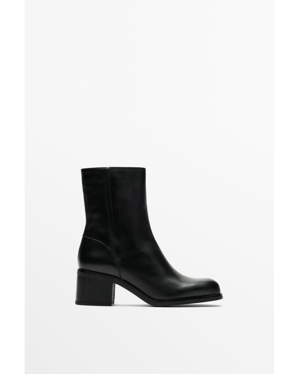 MASSIMO DUTTI Black Leather Ankle Boot With Square Heel