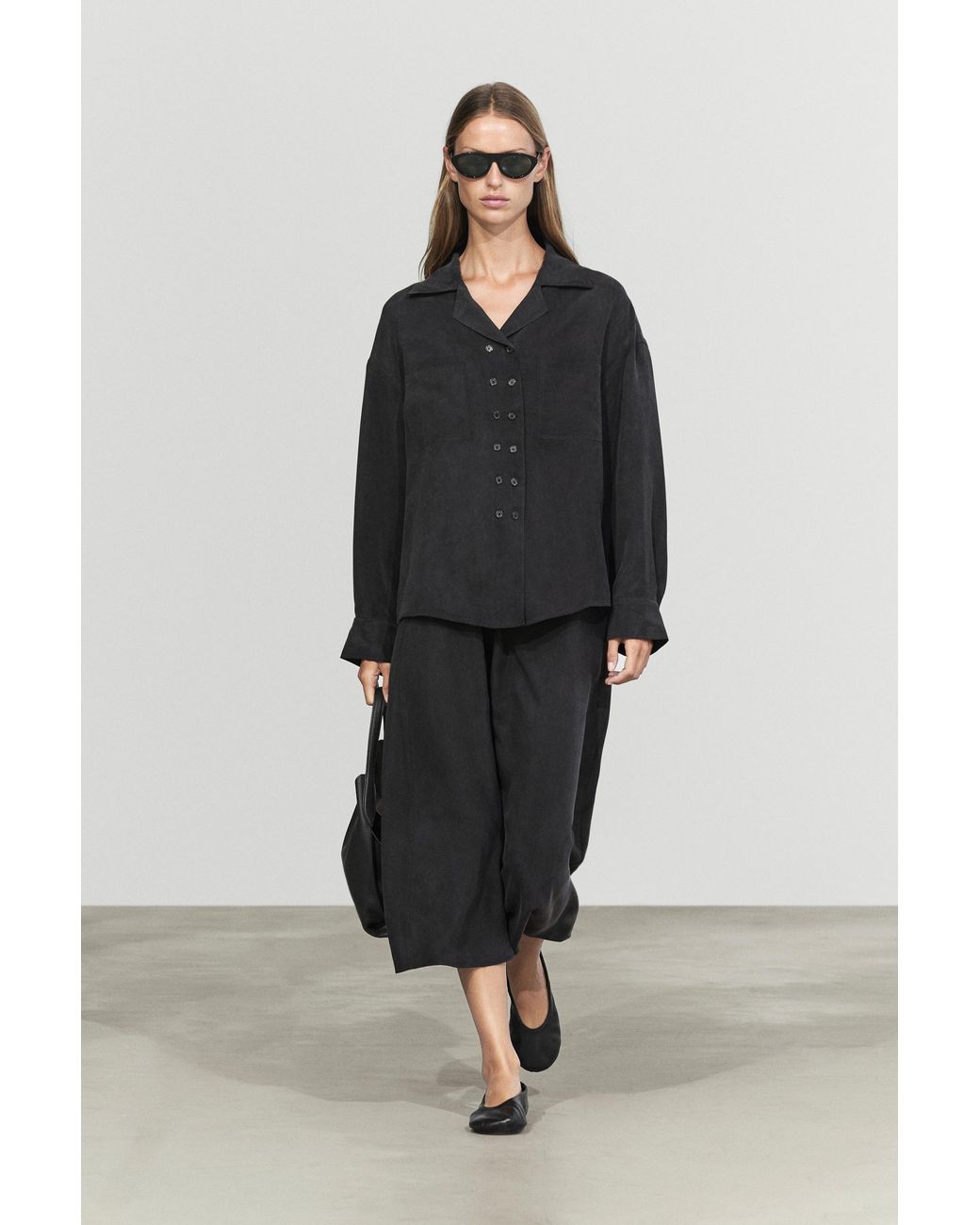 MASSIMO DUTTI Black Double-Breasted Flowing Shirt