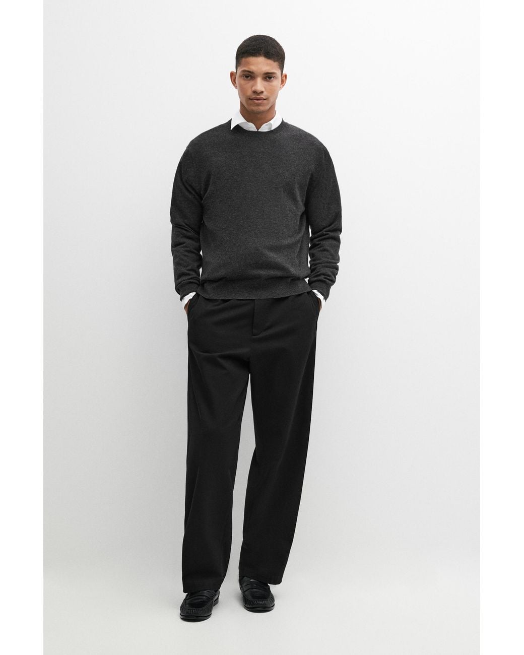 MASSIMO DUTTI Black Knit 100% Cashmere Round Neck Sweater for men