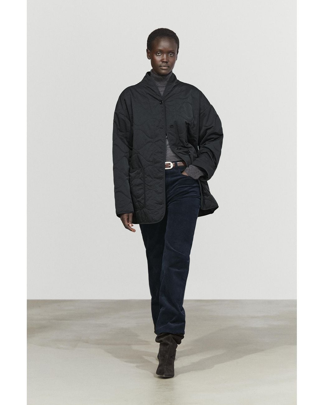 MASSIMO DUTTI Black Lightweight Quilted Coat With High Collar