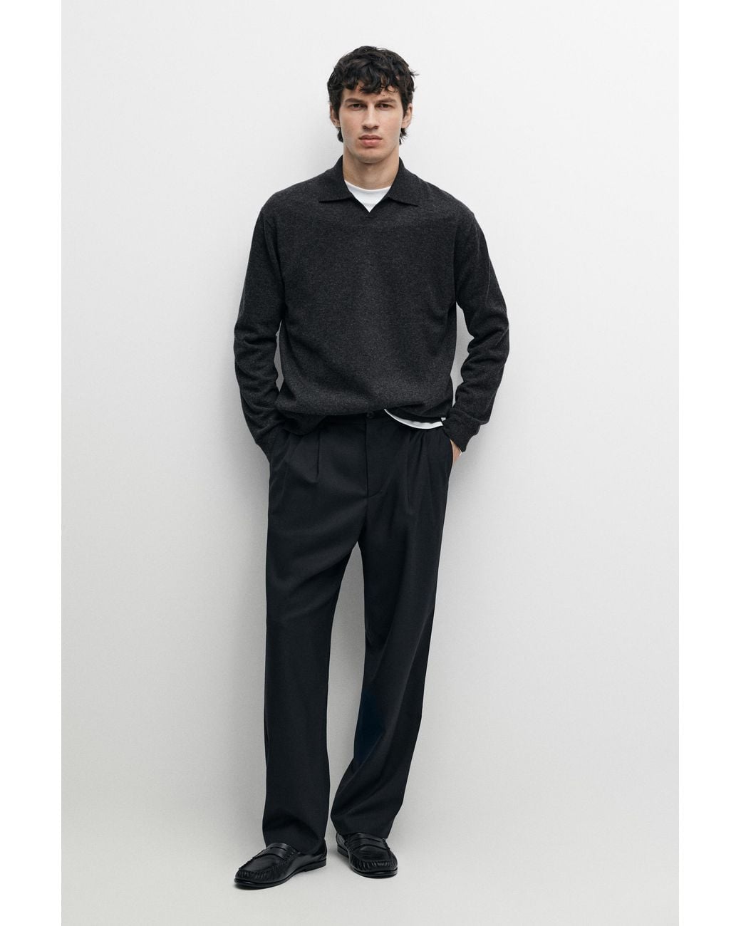 MASSIMO DUTTI Black 100% Wool Knit Polo Sweater for men