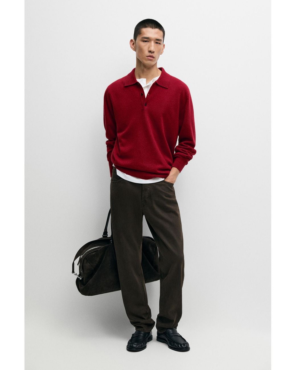 MASSIMO DUTTI Red 100% Cashmere Knit Polo Sweater for men