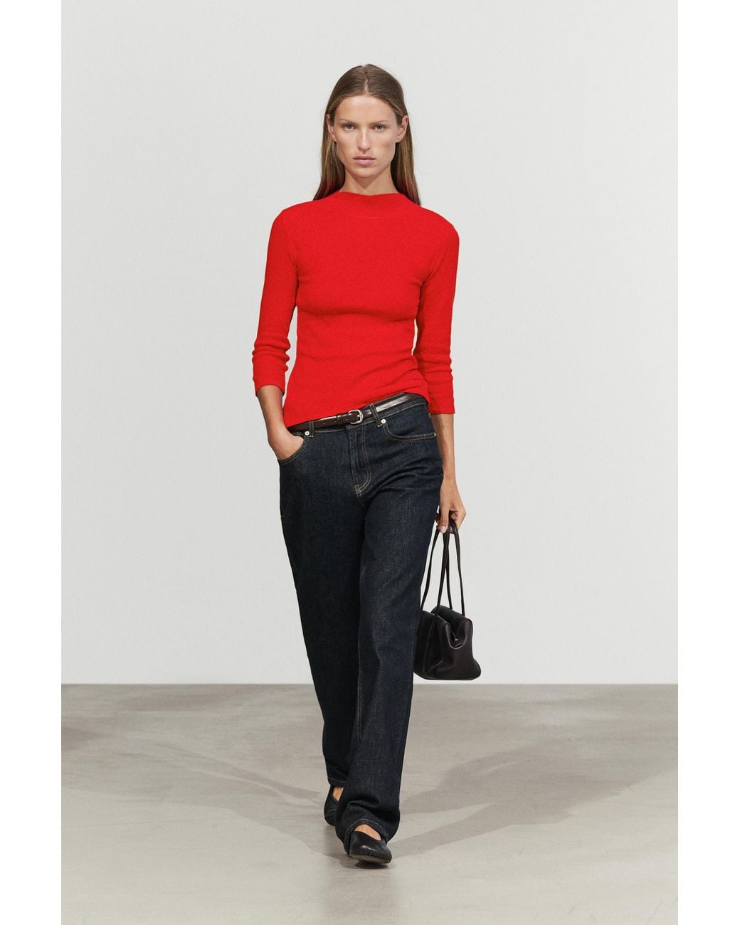 MASSIMO DUTTI Red Mock Neck Elbow-Length Sleeve T-Shirt