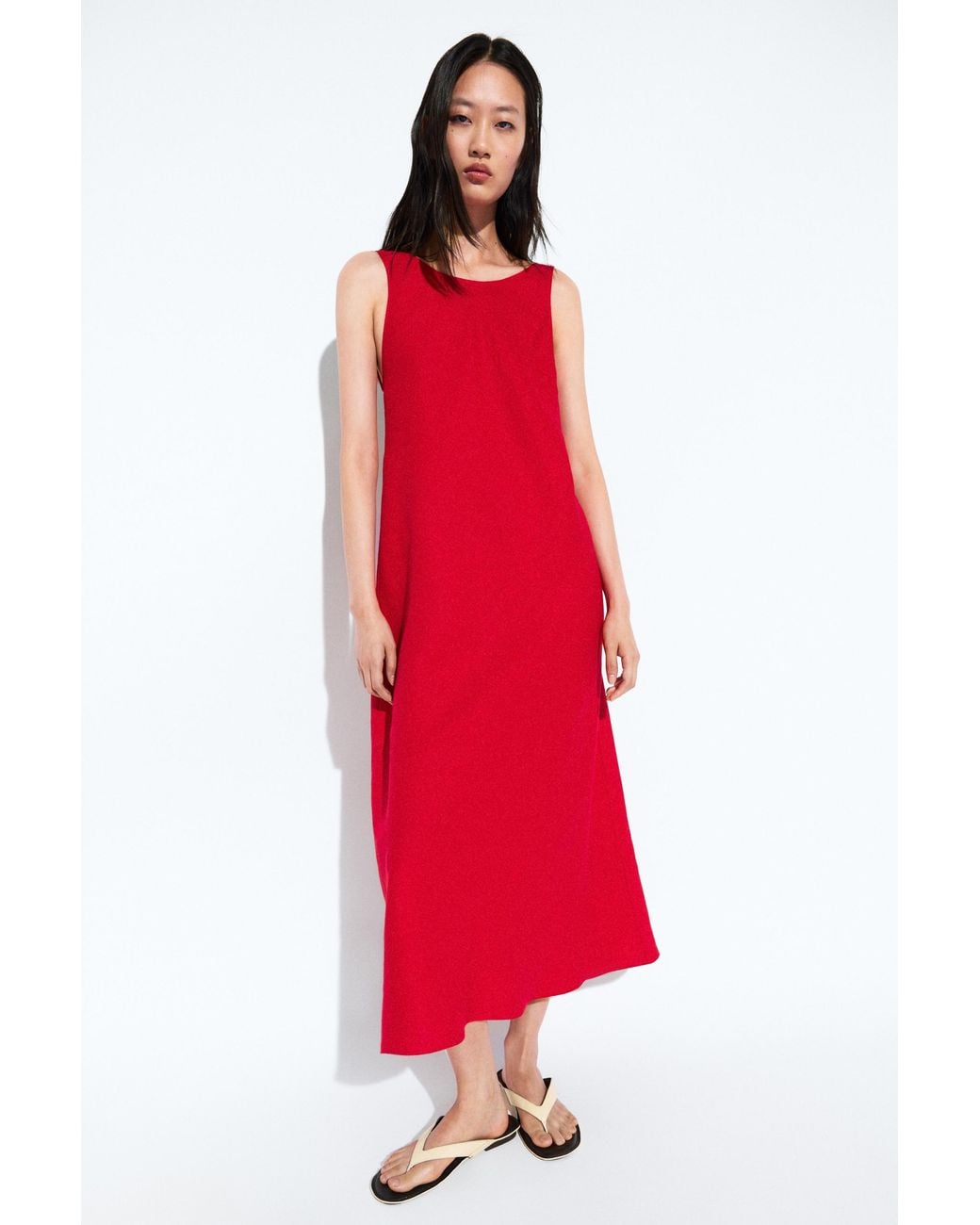 MASSIMO DUTTI Red Linen Open-Back Midi Dress