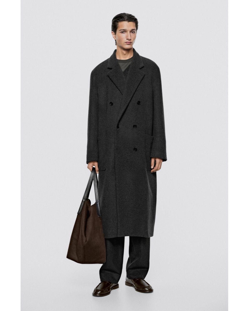 MASSIMO DUTTI Black 100% Wool Long Coat for men