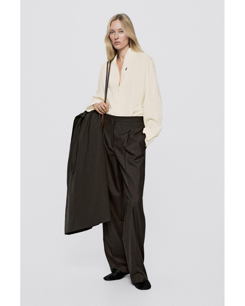 MASSIMO DUTTI White 100% Wool Straight-Leg Pants