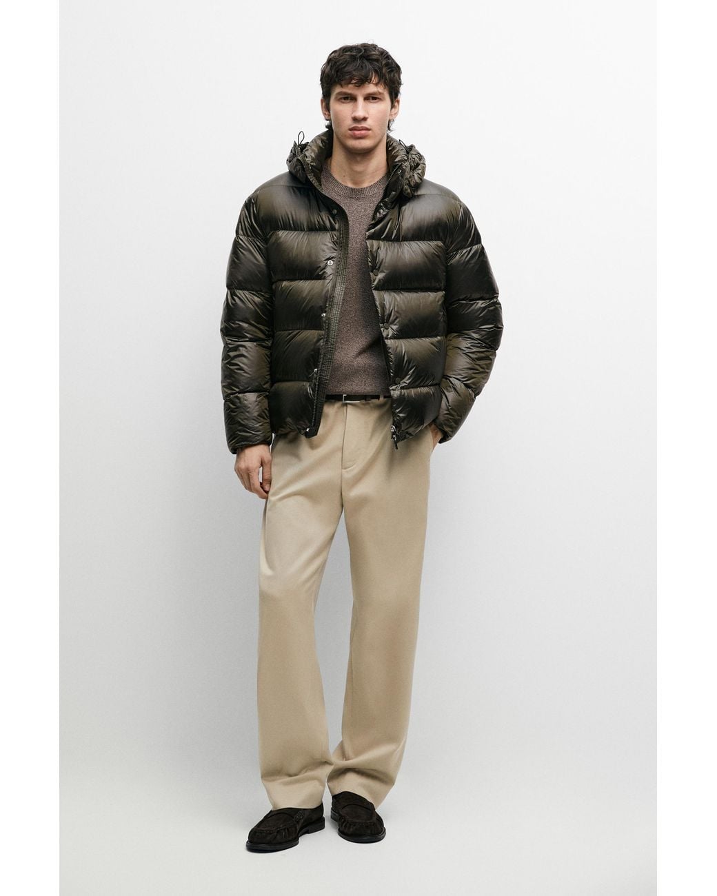 MASSIMO DUTTI Green Shiny Suede Down Jacket for men