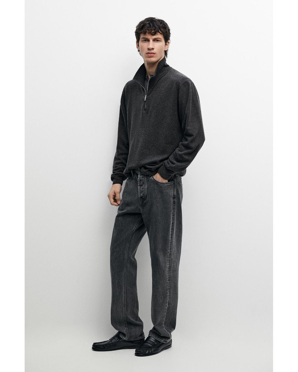 MASSIMO DUTTI Black Mock Neck Knit Sweater With Zip for men