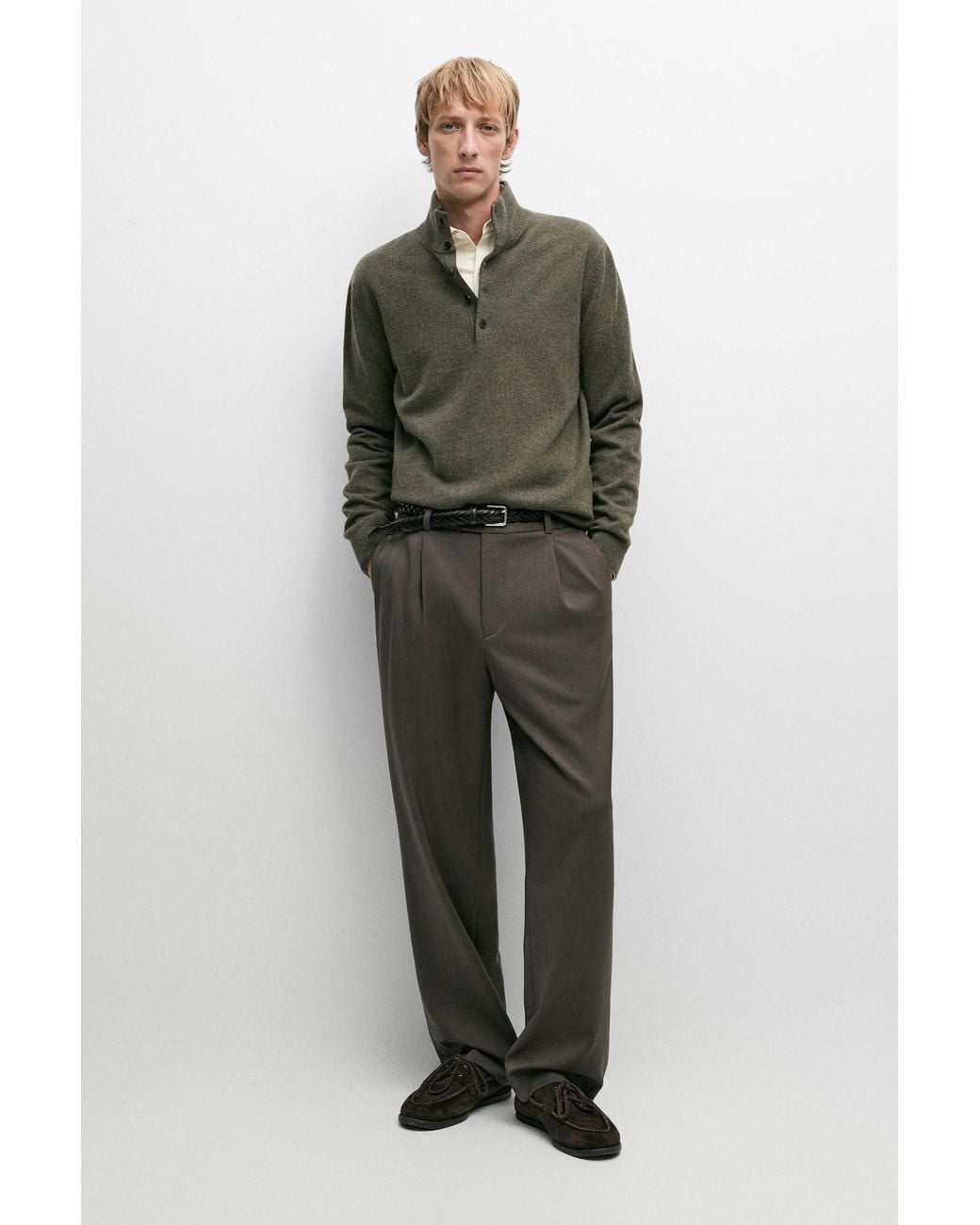 MASSIMO DUTTI Green Wool Blend Mock Neck Knit Sweater for men