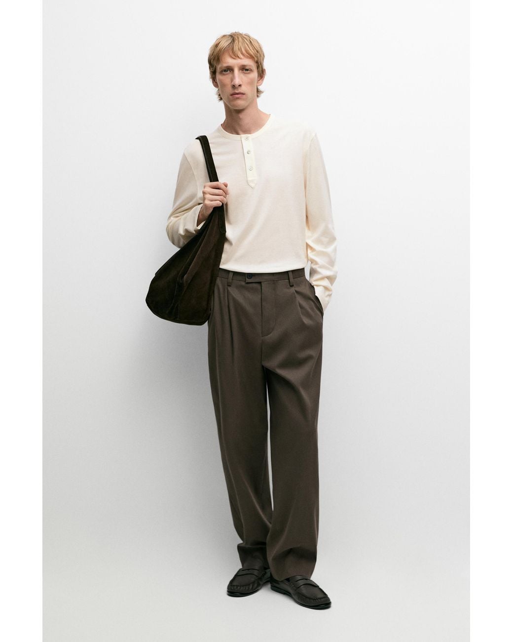 MASSIMO DUTTI Brown Wide-Leg Darted Pants for men