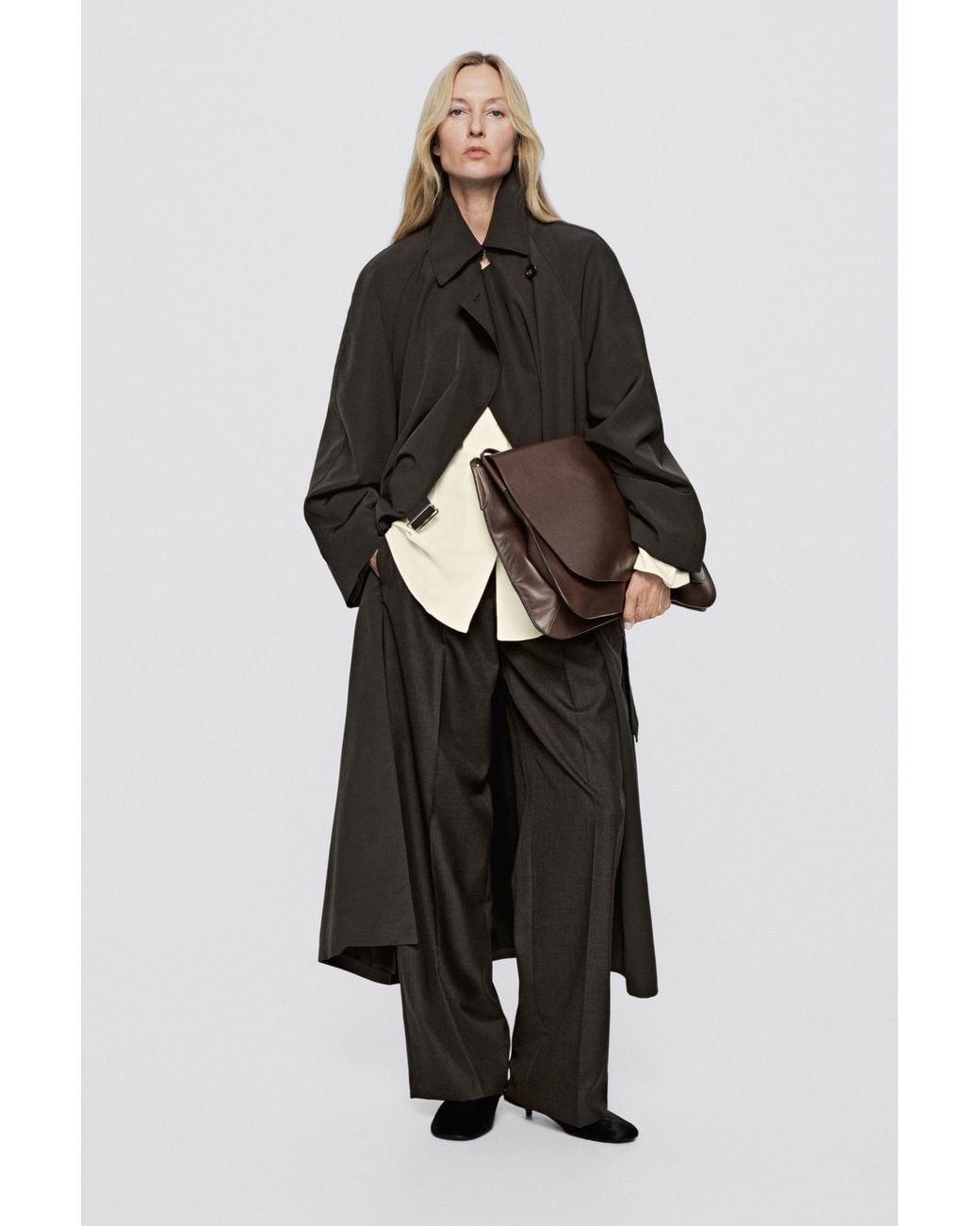 MASSIMO DUTTI Black Fluid Trench Coat With Lapel Detail