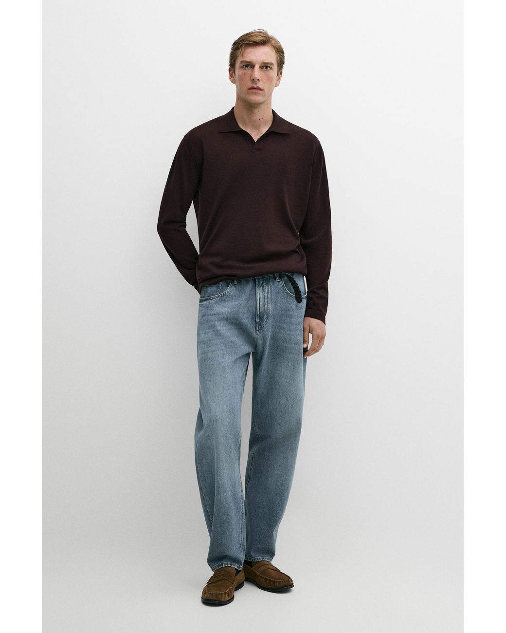 MASSIMO DUTTI Blue 100% Merino Wool Knit Polo Sweater for men