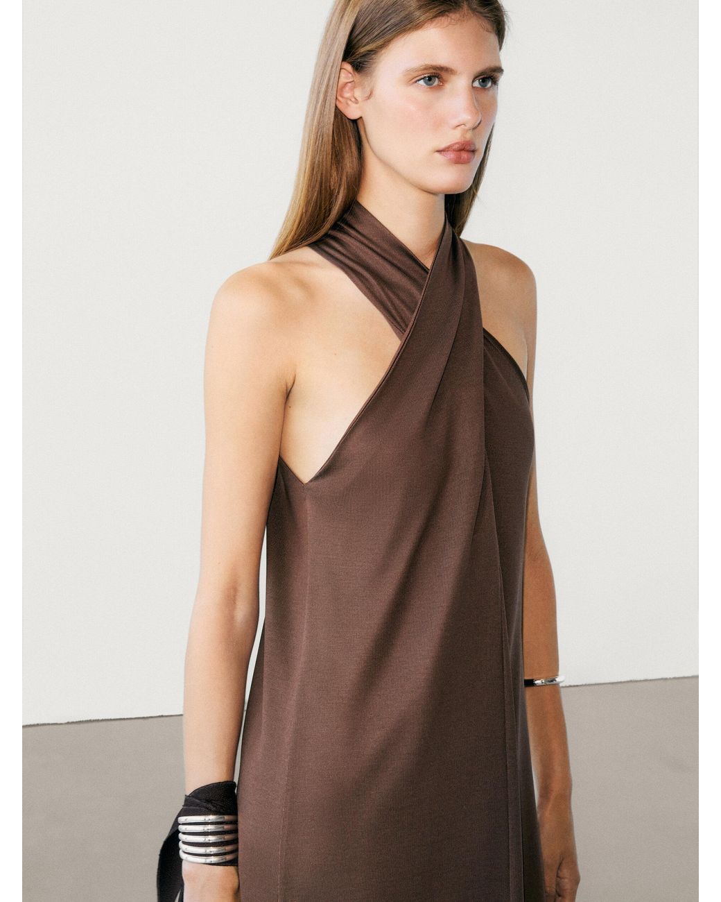 MASSIMO DUTTI Crossover Halterneck Midi Dress in Brown | Lyst UK
