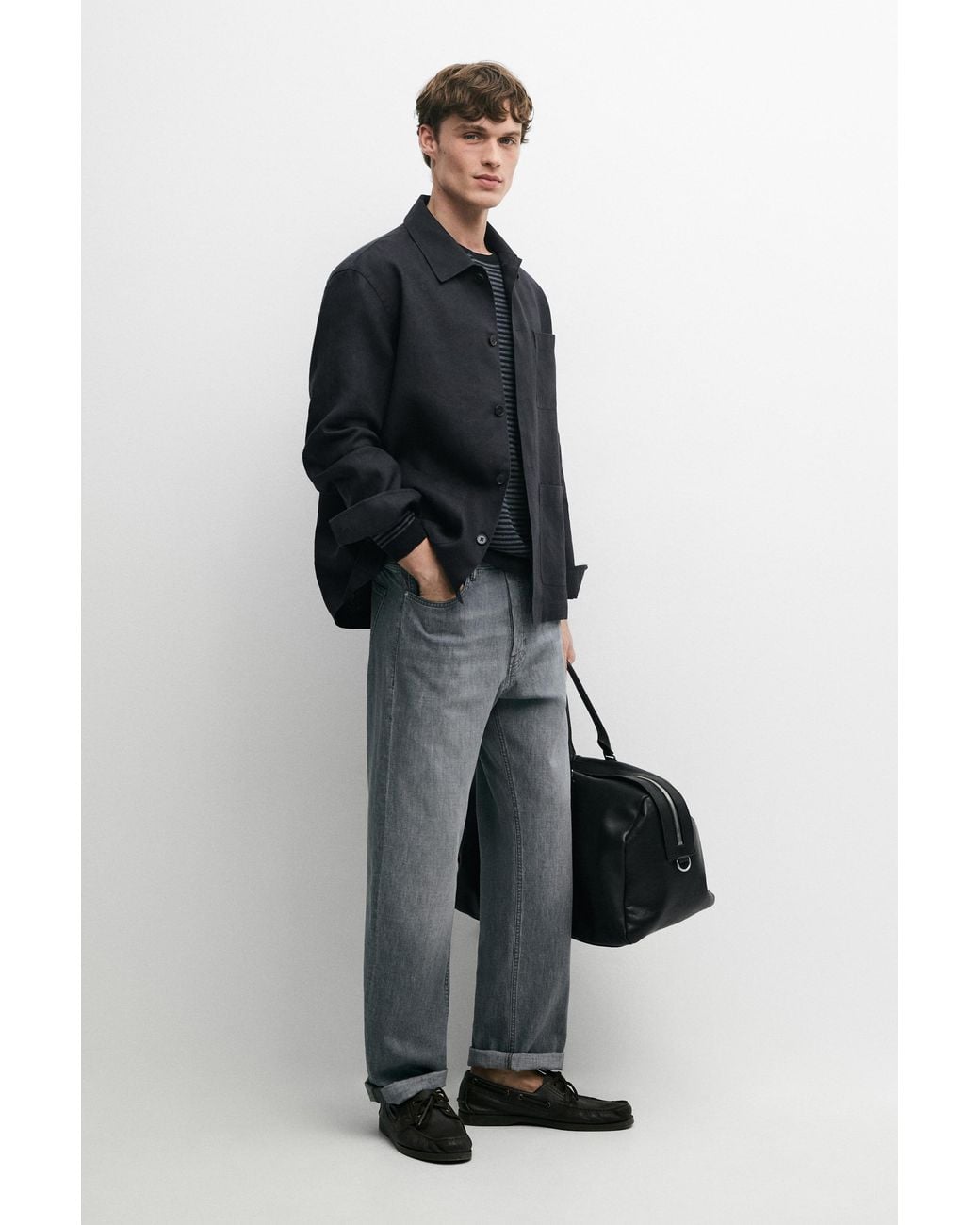 MASSIMO DUTTI Blue Linen Total Look Overshirt With Pocket Details for men