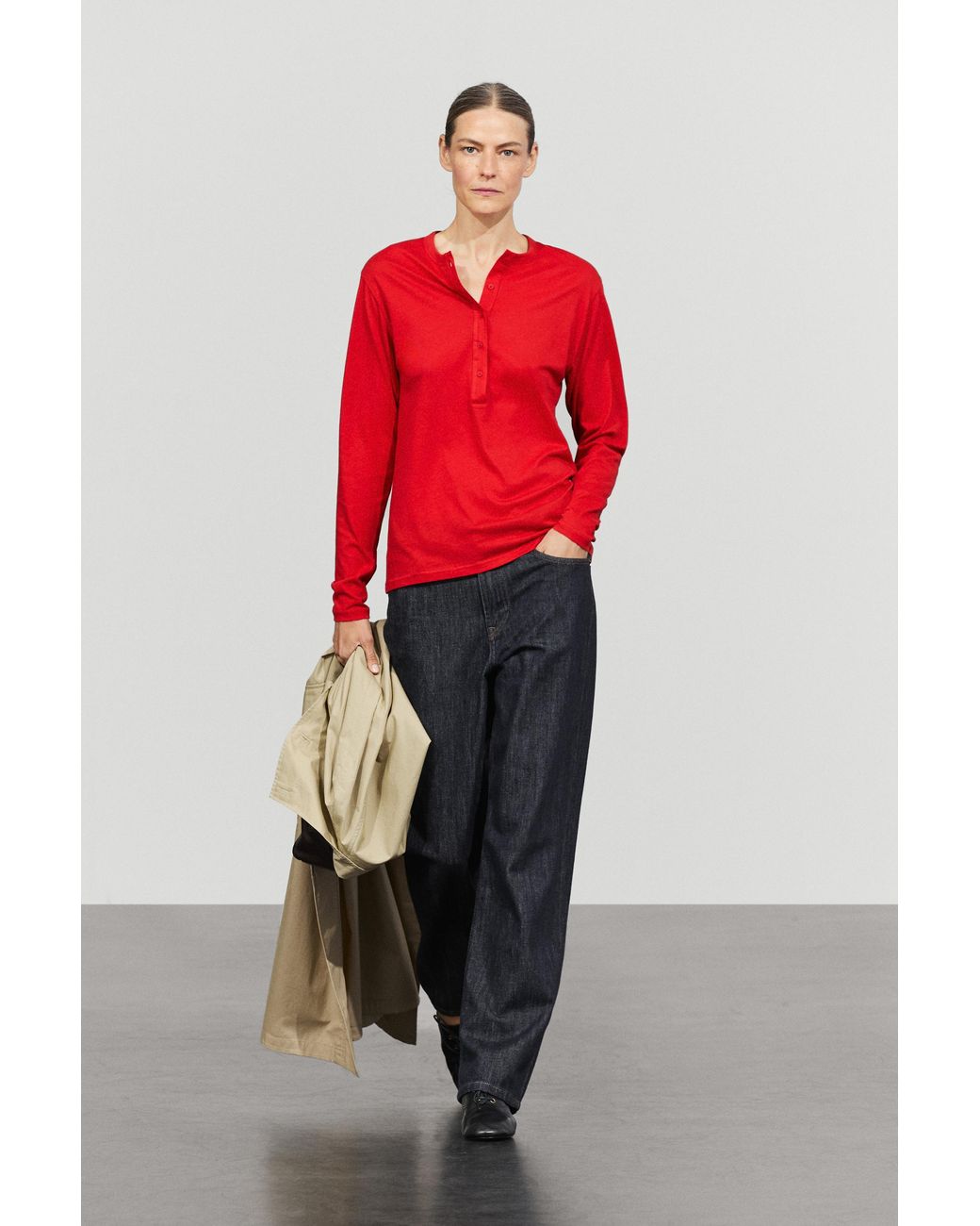 MASSIMO DUTTI Red 100% Cotton Henley T-Shirt