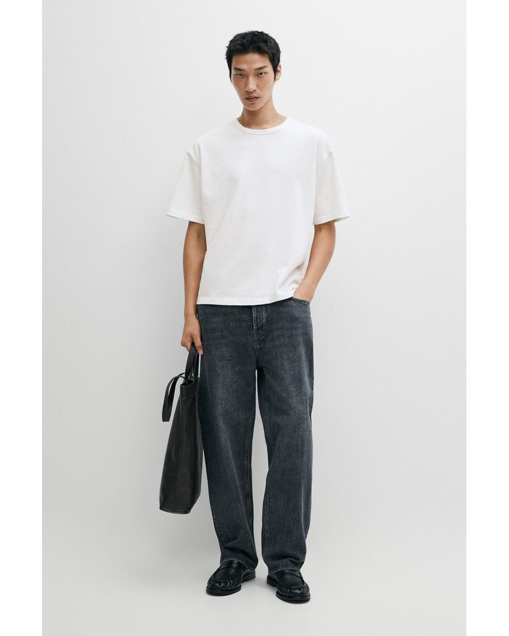MASSIMO DUTTI White 100% Cotton Boxy Short Sleeve T-Shirt for men