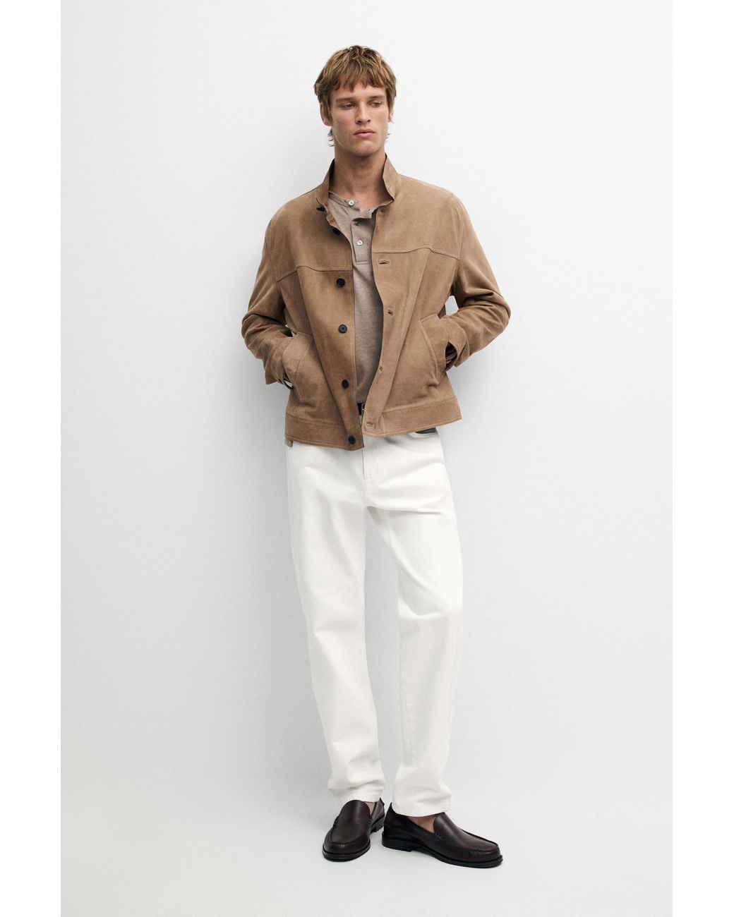 MASSIMO DUTTI White Nubuck Leather Stand-Up Collar Jacket for men
