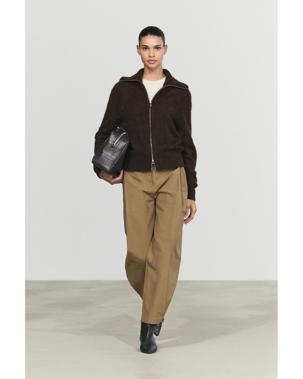 MASSIMO DUTTI Brown Brushed Knit High-Neck Cardigan