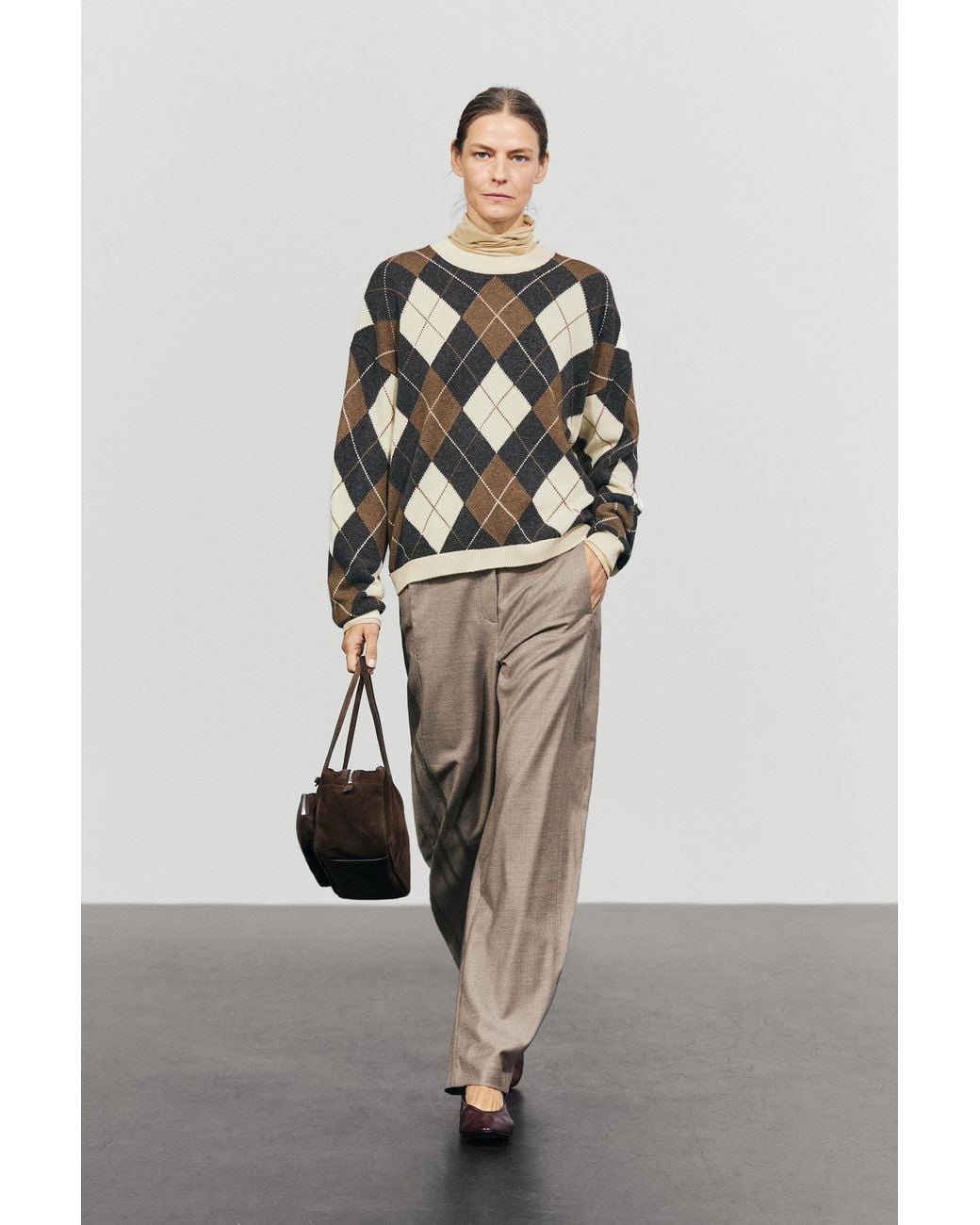 MASSIMO DUTTI White Wool-Blend Argyle Knit Sweater