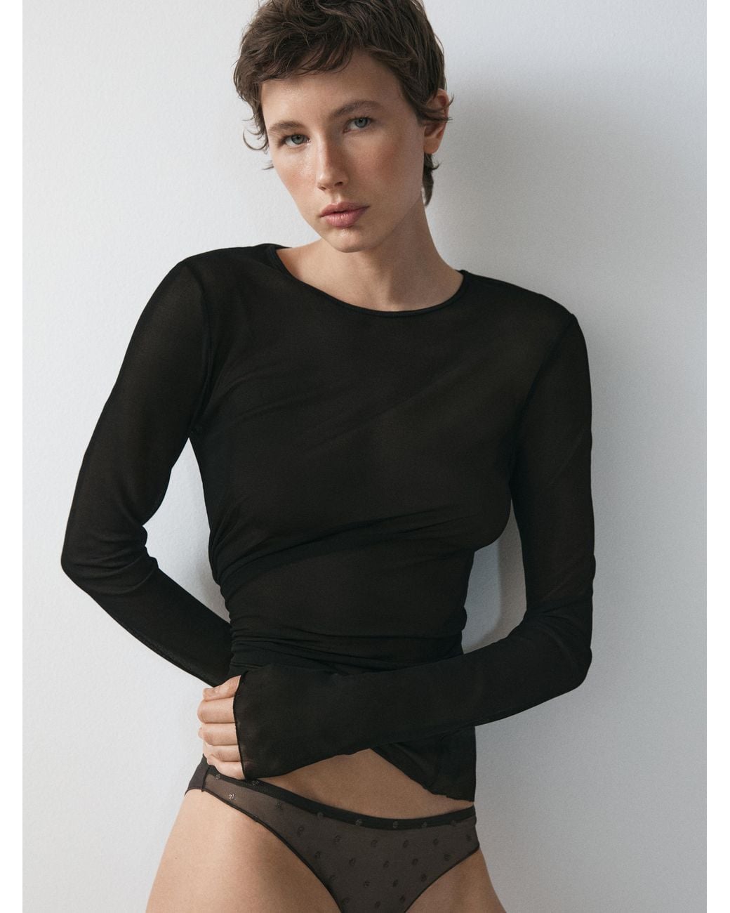 MASSIMO DUTTI Black Long Sleeve Silk T-Shirt
