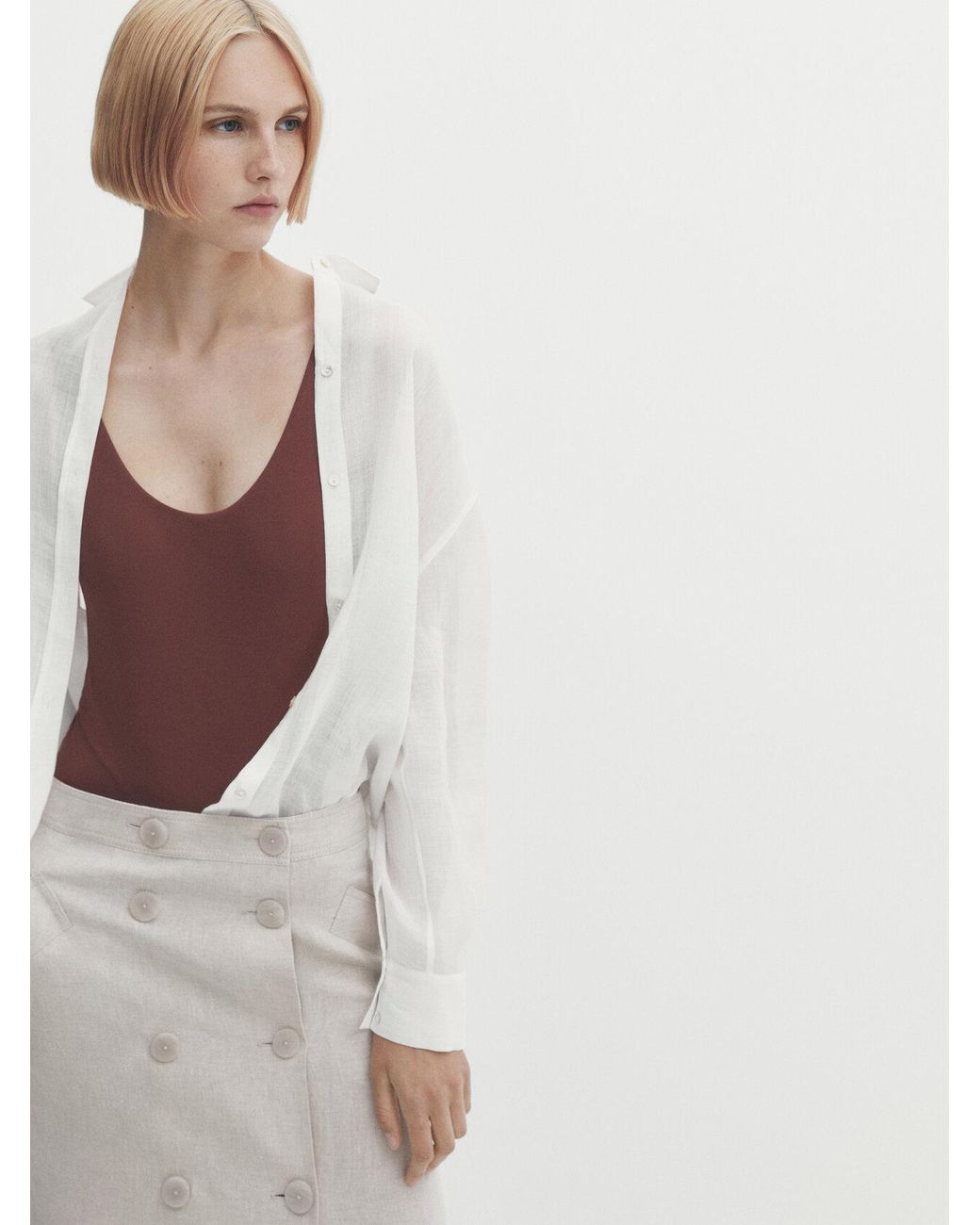 MASSIMO DUTTI Double-buttoned Linen Blend Midi Skirt in White | Lyst