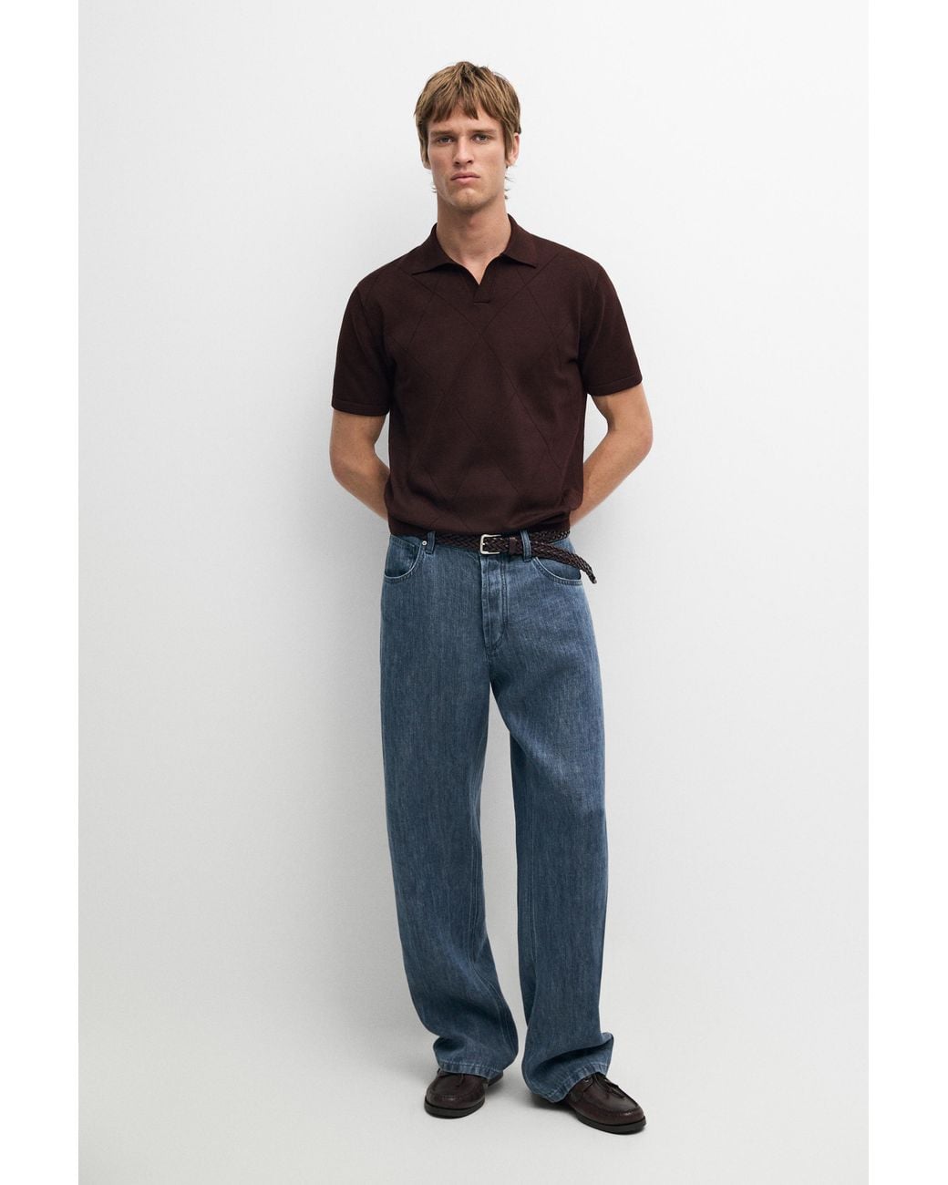 MASSIMO DUTTI Blue 100% Cotton Intarsia Knit Polo Shirt for men