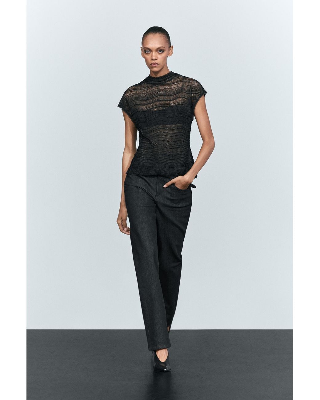 MASSIMO DUTTI White High-Neck Top With Bead Detail