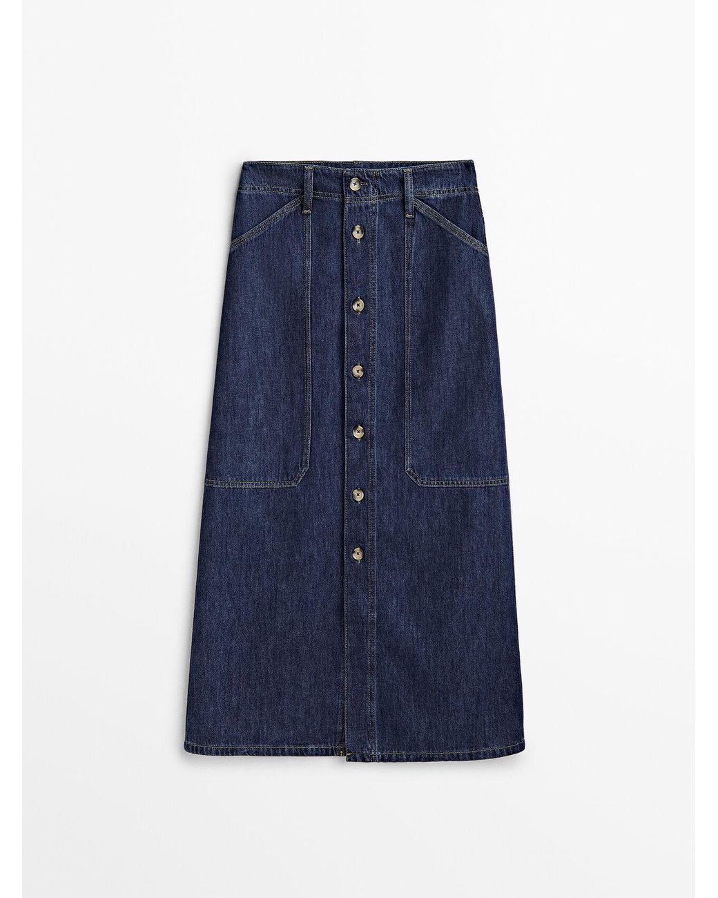 MASSIMO DUTTI Denim Carpenter Midi Skirt With Buttons in Blue | Lyst