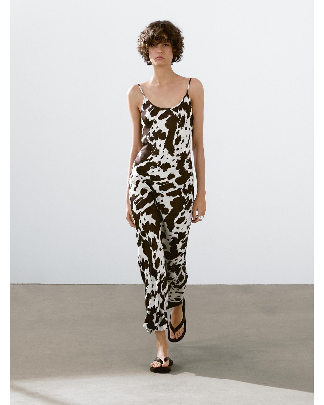 MASSIMO DUTTI Animal Print Camisole Midi Dress in White