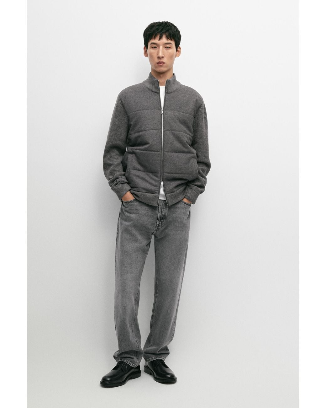 MASSIMO DUTTI Gray 100% Wool Mixed-Fabric Cardigan for men
