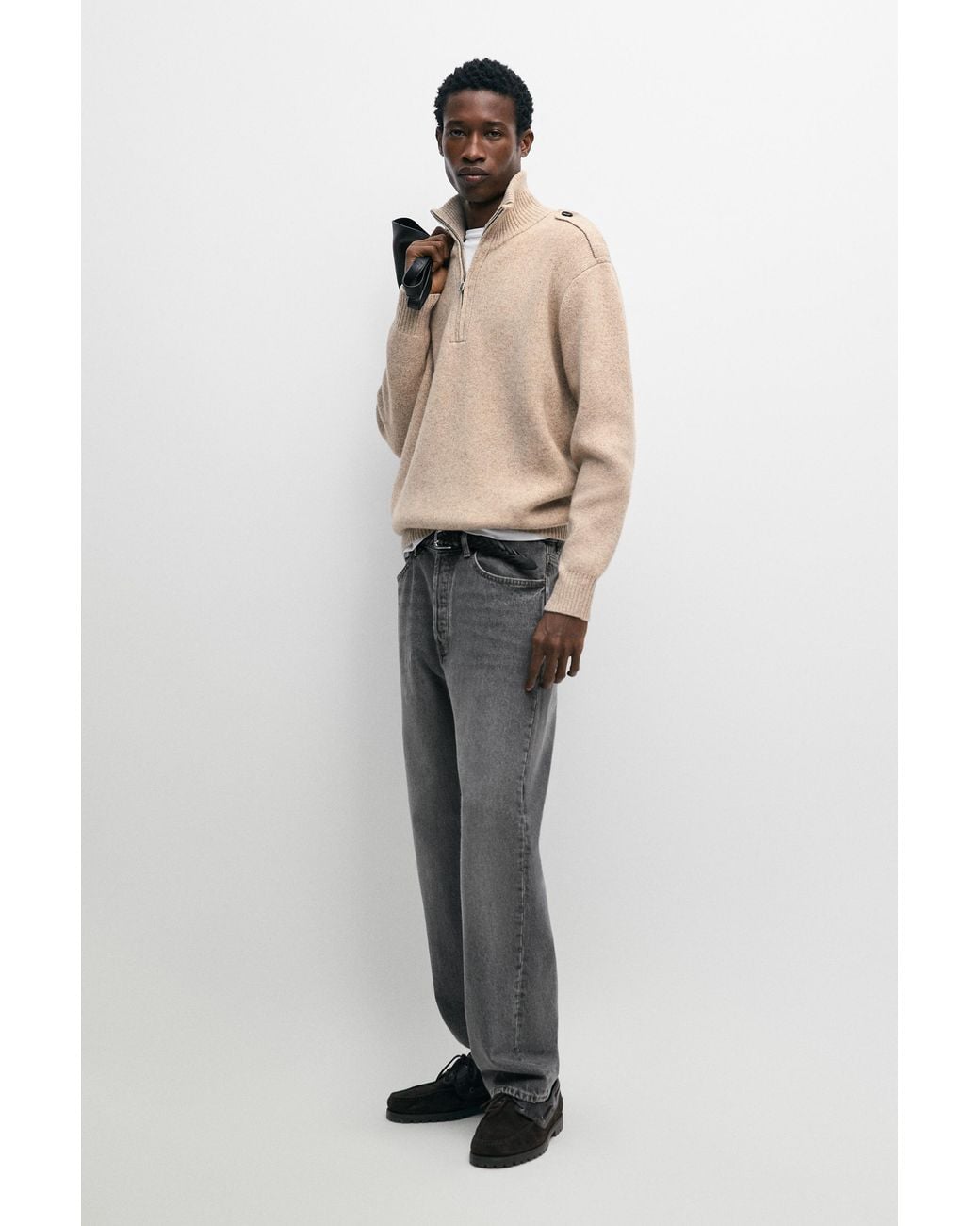 MASSIMO DUTTI Natural Mock Neck Knit Sweater With Zip for men