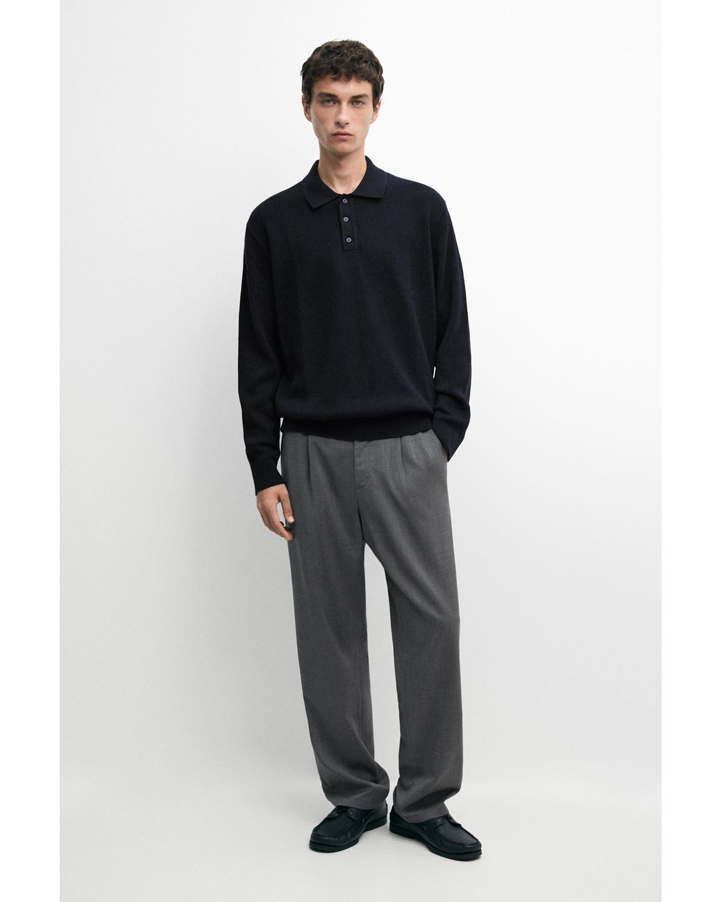 MASSIMO DUTTI Black Button-Detail Polo Knit Sweater for men