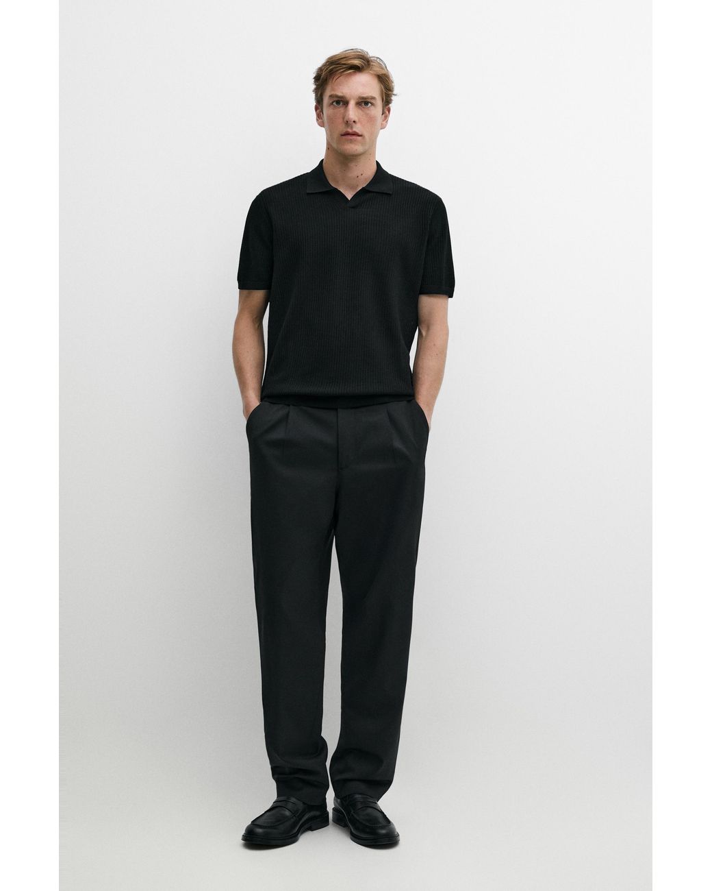 MASSIMO DUTTI Black Wool Blend Knit Polo Short Sleeve for men