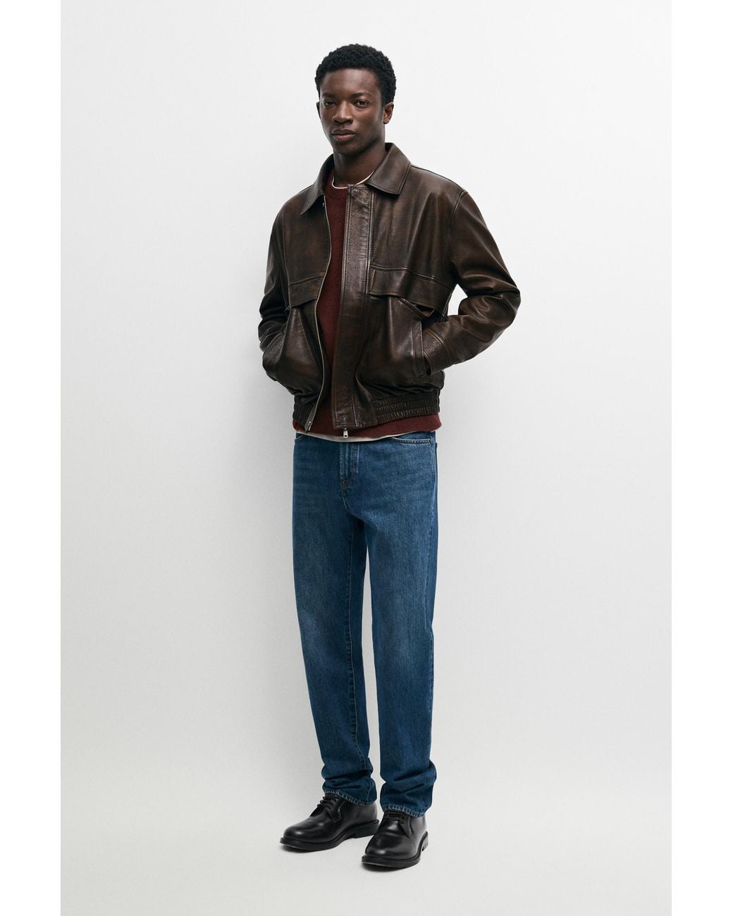 MASSIMO DUTTI Blue Nappa Leather Bomber Jacket With Elastic Waist for men