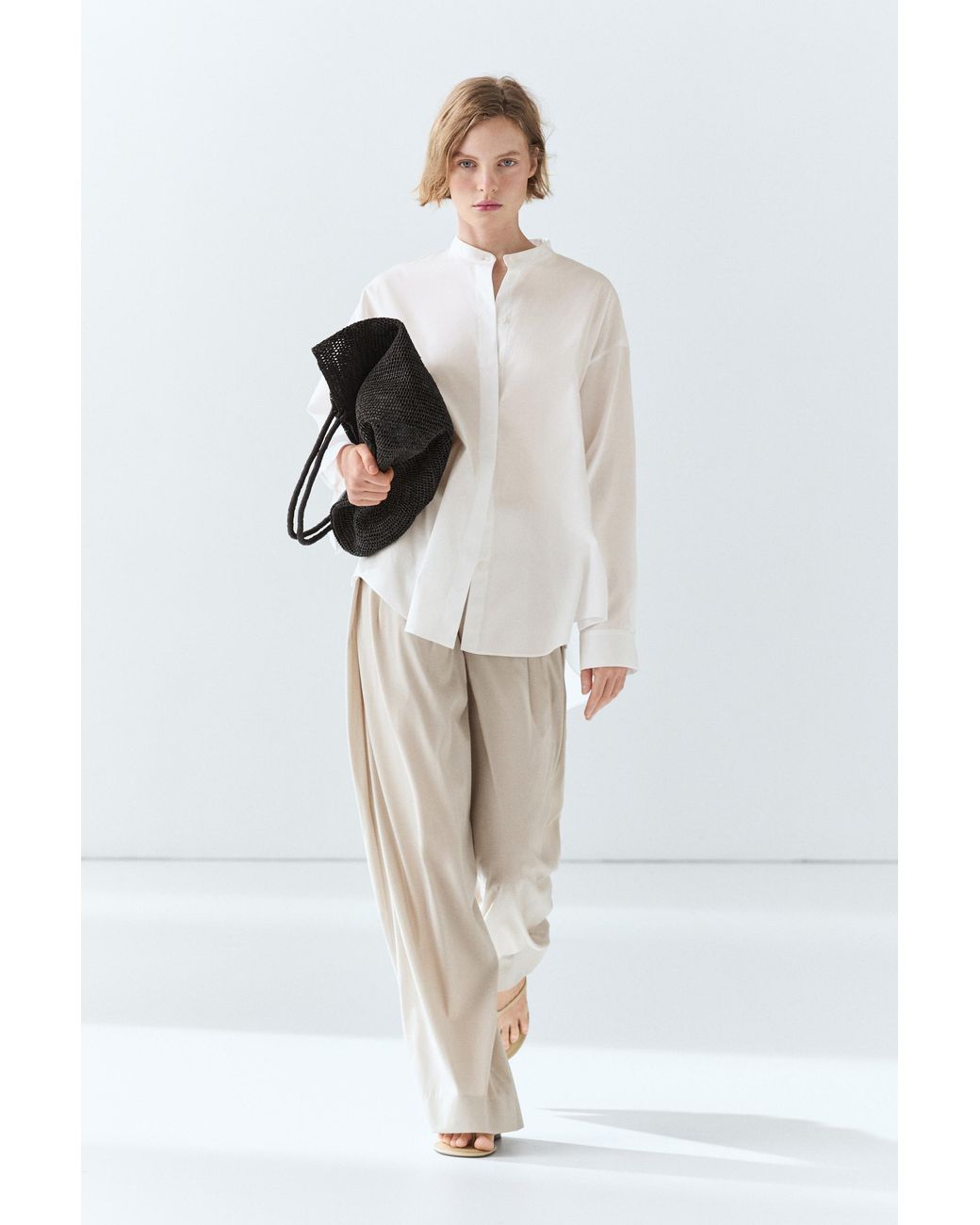 MASSIMO DUTTI White Poplin Shirt With Stand Collar