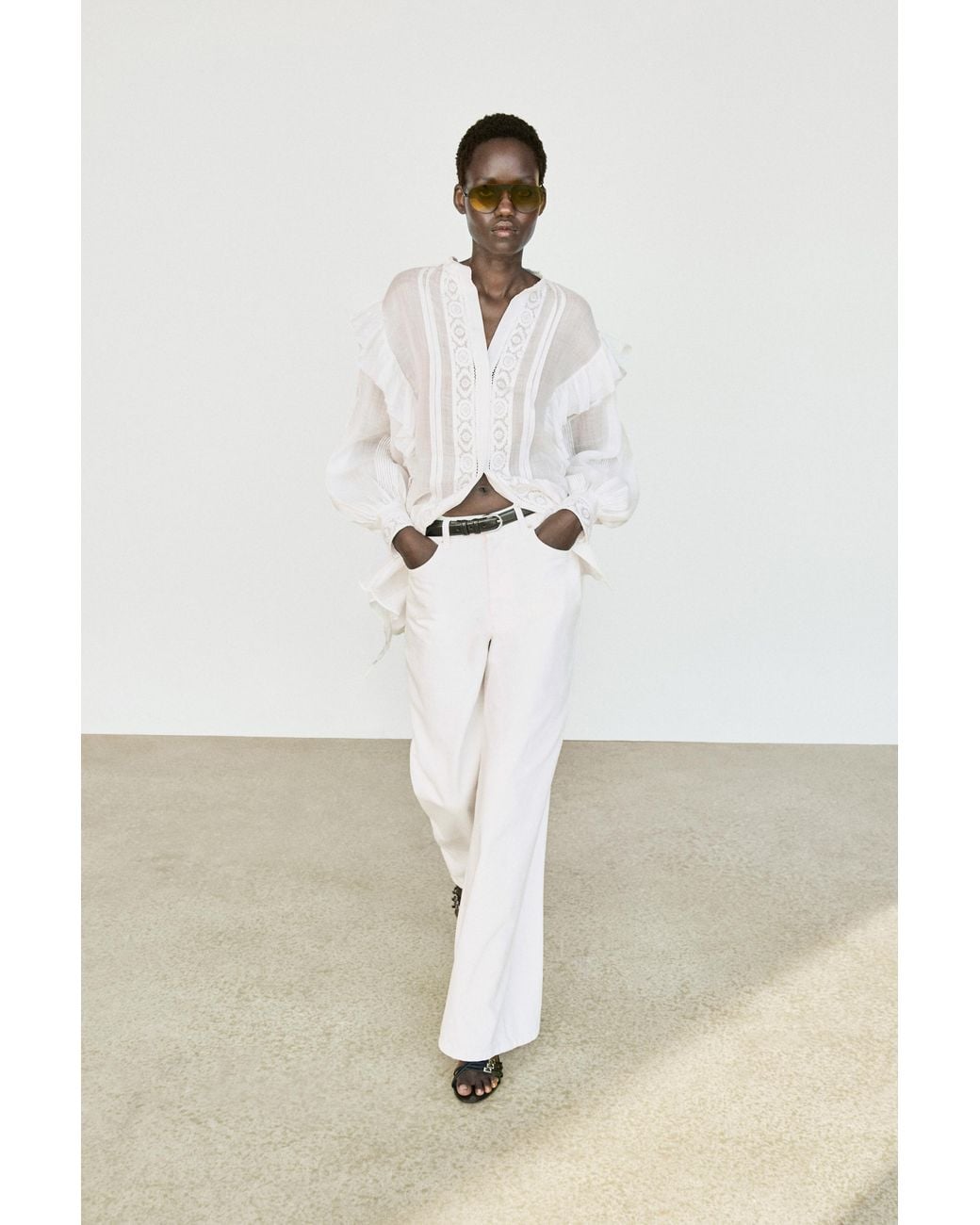 MASSIMO DUTTI White Stand Collar Blouse With Embroidery And Ruffles