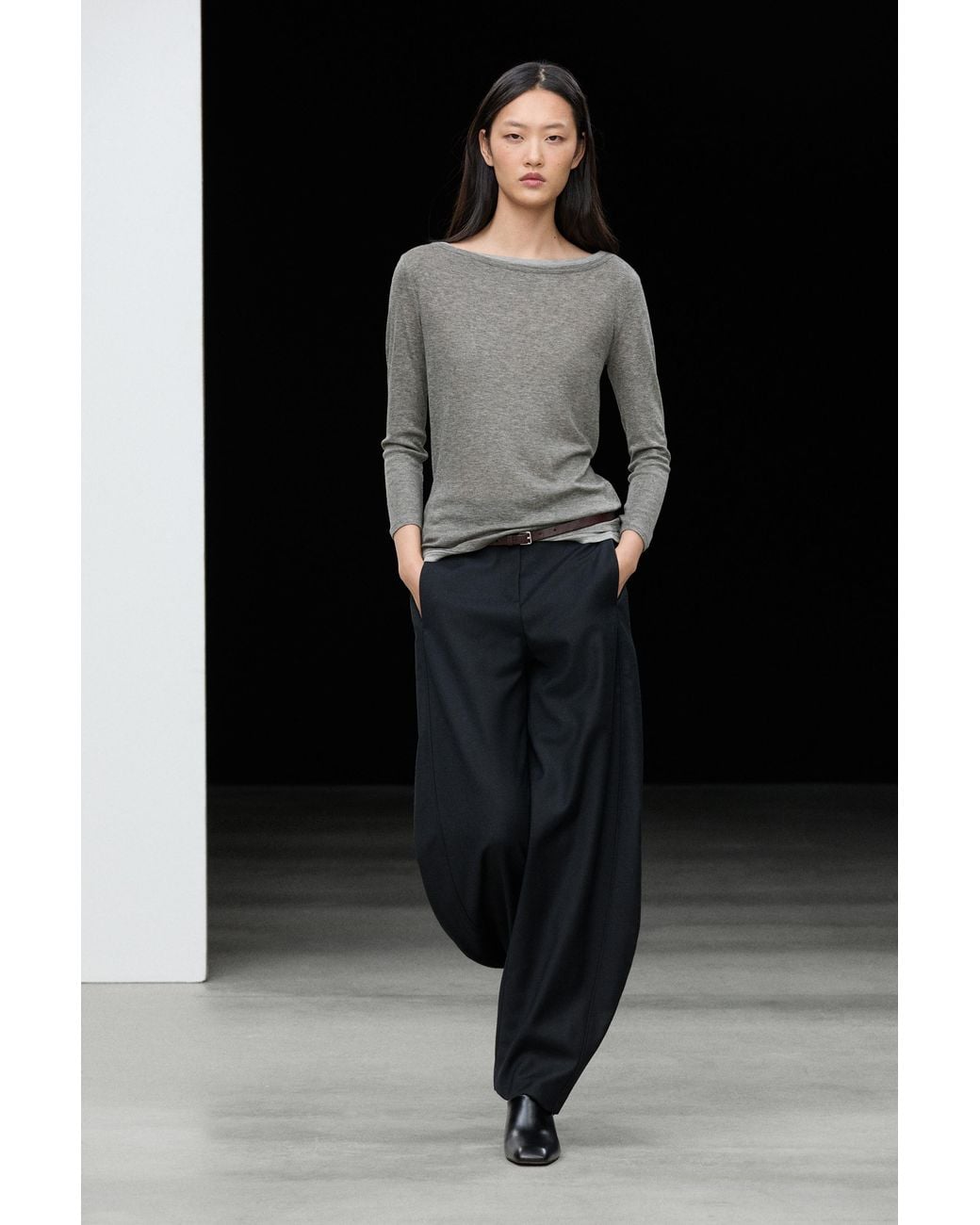 MASSIMO DUTTI Black Boat-Neck T-Shirt With Faux Double-Layer Detail