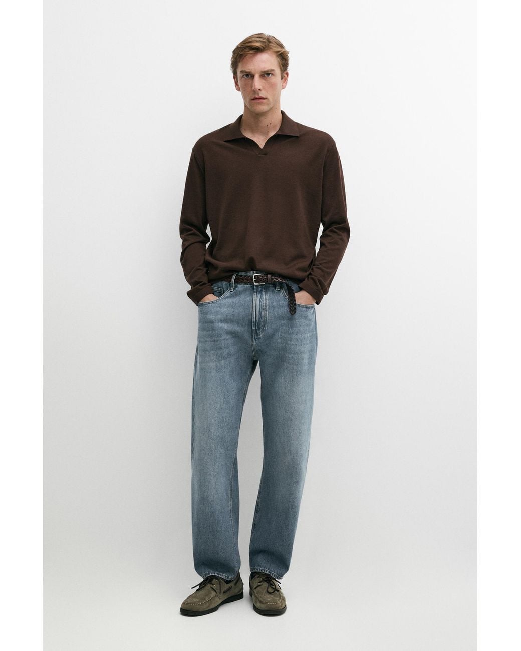 MASSIMO DUTTI Blue 100% Merino Wool Knit Polo Sweater for men