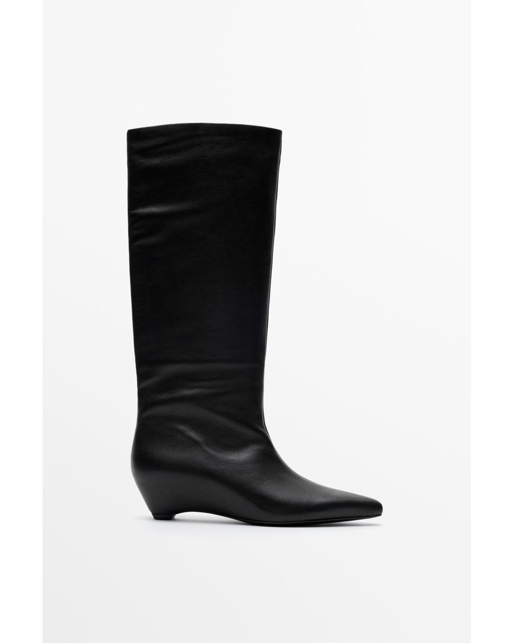 MASSIMO DUTTI Black Leather Wedge Heel Boot