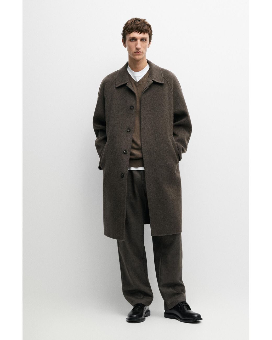MASSIMO DUTTI Brown Long Double-Faced Wool Blend Coat for men