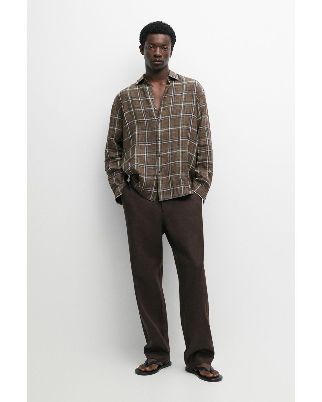 MASSIMO DUTTI Green 100% Linen Regular Fit Check Shirt for men