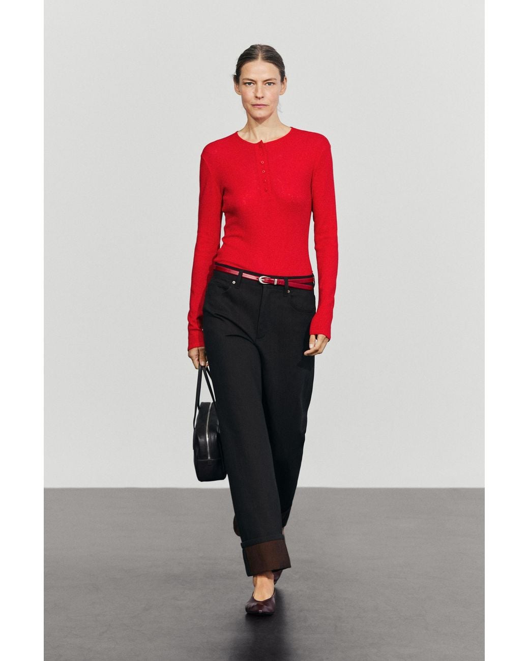 MASSIMO DUTTI Red Cotton Blend Long Sleeve Henley T-Shirt