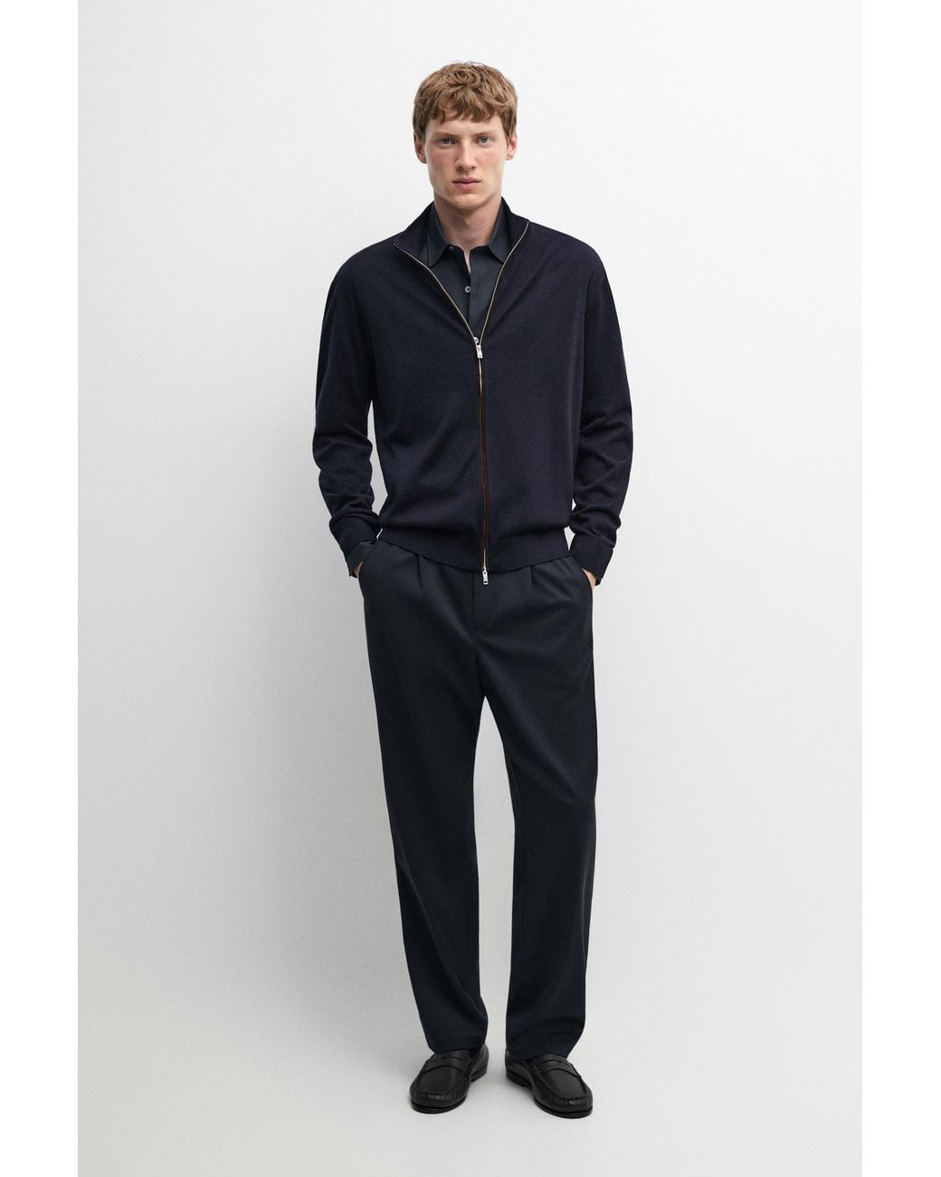 MASSIMO DUTTI Blue Merino Wool Blend Zip-Up Knit Cardigan for men