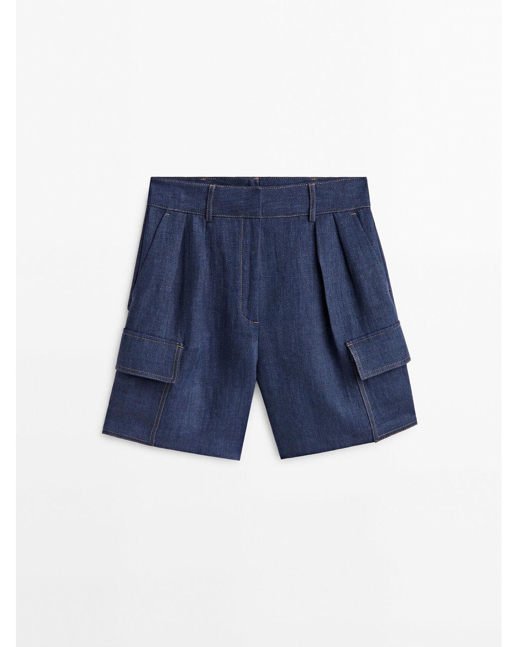 MASSIMO DUTTI Linen Cargo Bermuda Shorts With Topstitching in